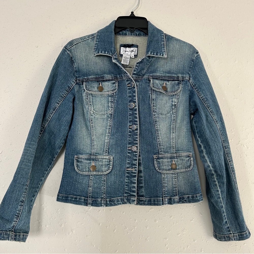 Live a Little Denim Jean Jacket Casual Spring Embroidered Beaded Medium